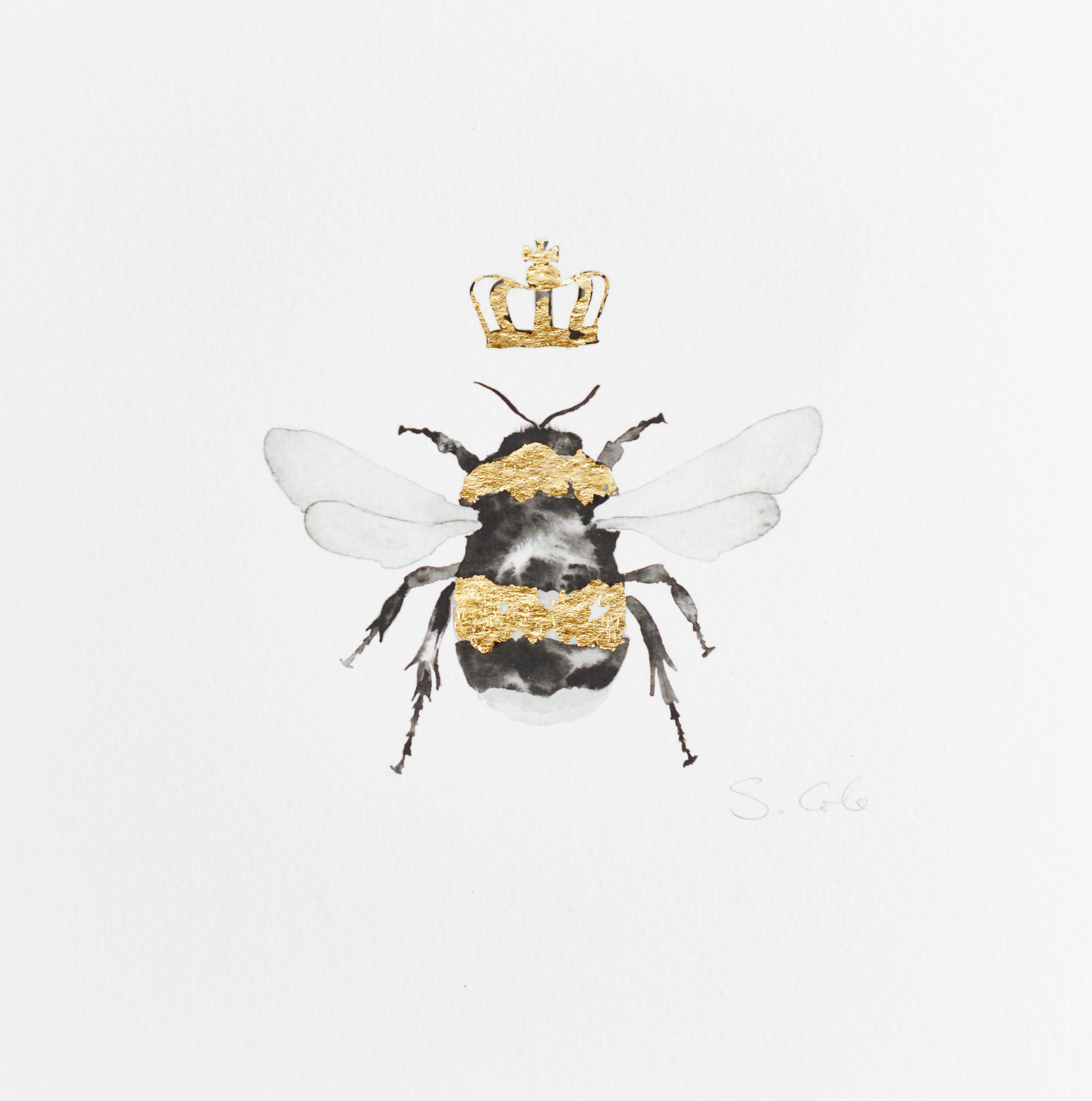 A HAND PAINTED PICTURE OF A BEE WITH A CROWN